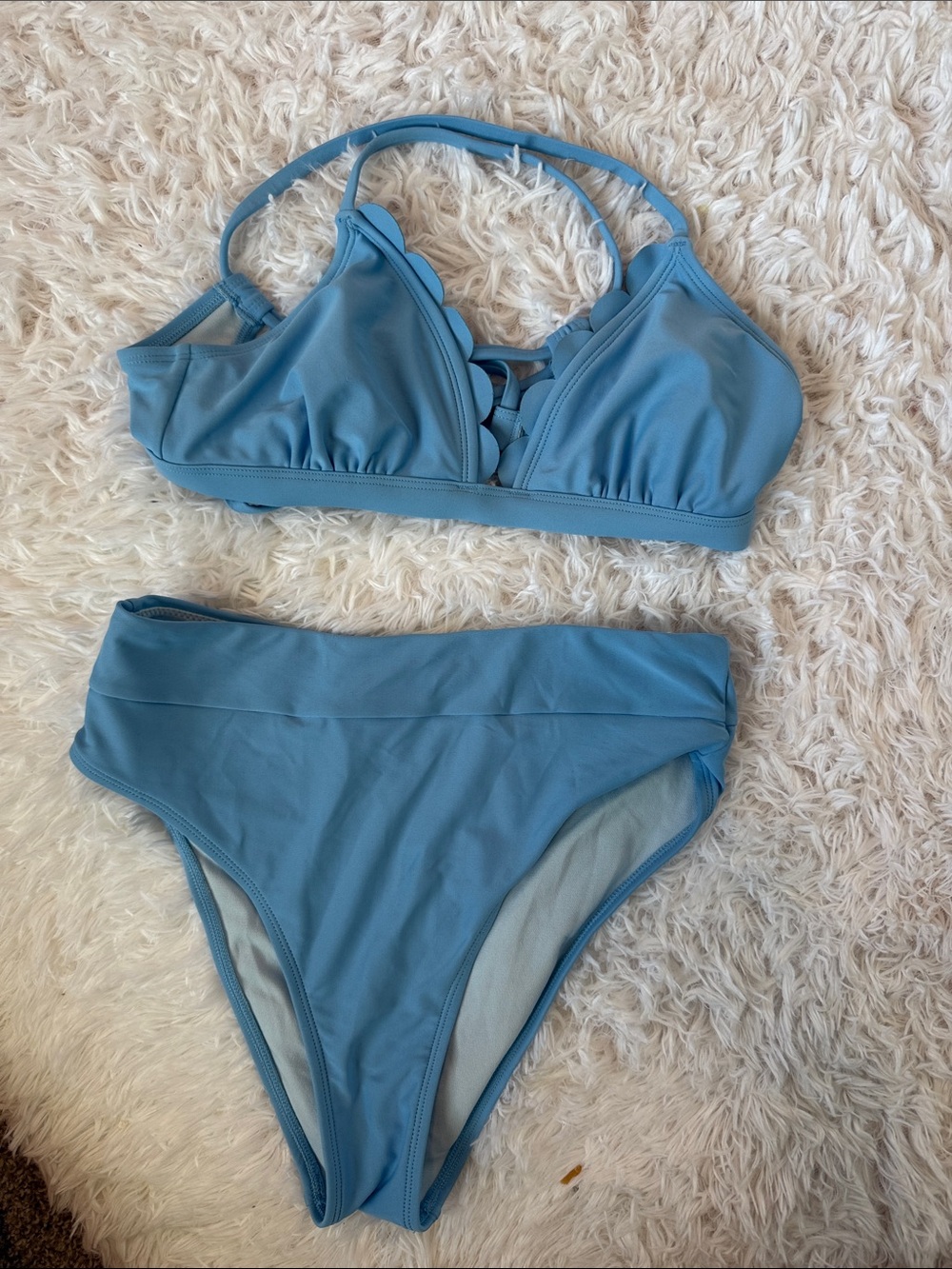 Women’s Scallop Trim Blue High-Waist Bikini Set